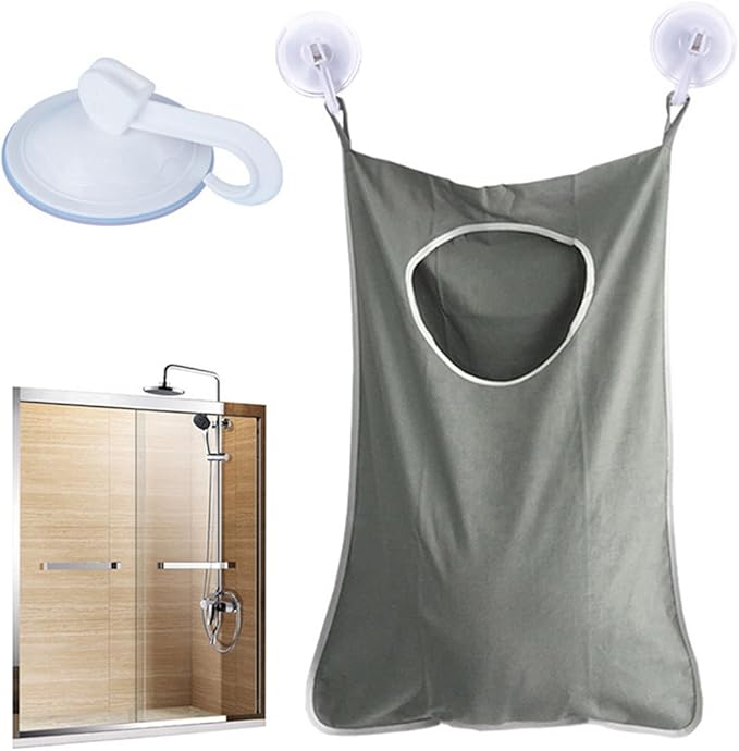 Oxford Fabric Space Saving Door-Hanging Laundry Hamper Bag + 2 Stainless Steel Hooks + 2 Strong Suction Cups for Bedroom, Nursery, Dorm or Closet (Grey)