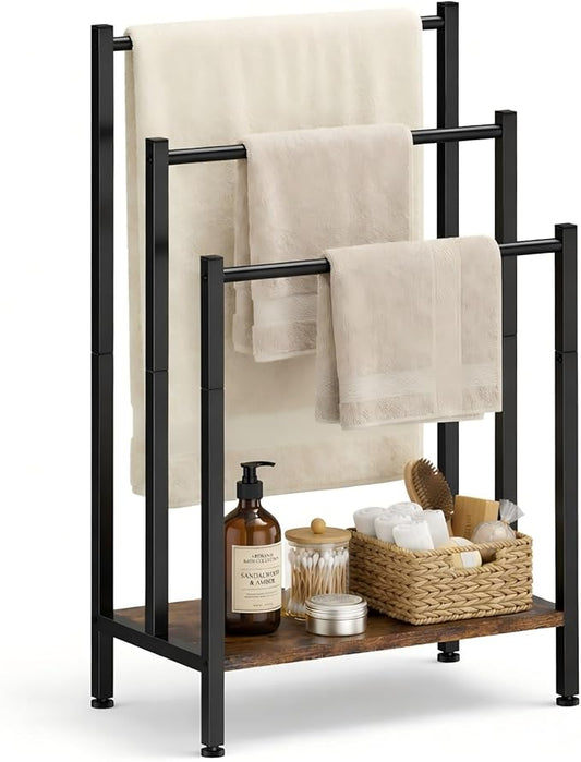 Free Standing Towel Rack, 3 Tier Freestanding Towel Stand with Storage Shelf, Metal Blanket Rack Stand for Bathroom, Bedroom, Living Room, Rustic Brown