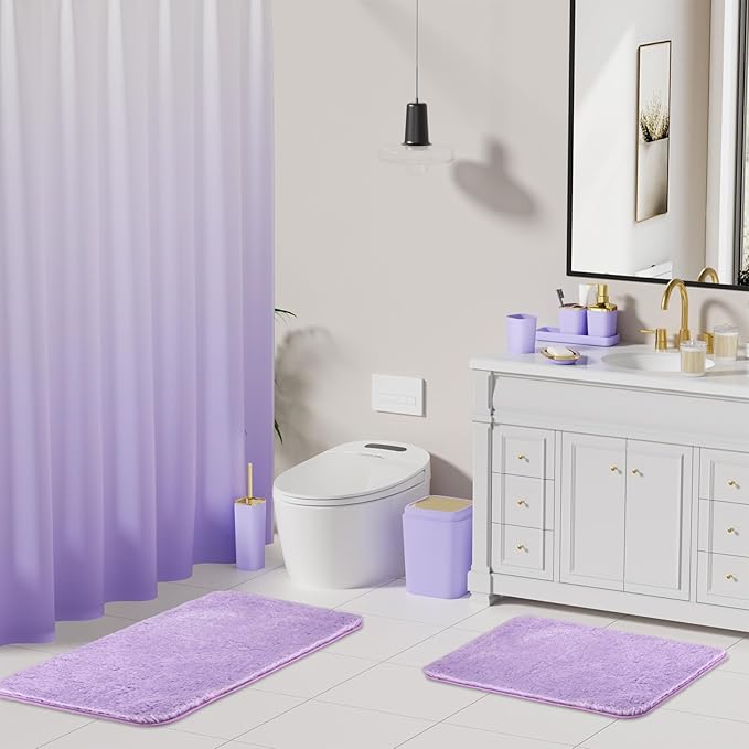 XLHOMO Bathroom Set - Purple Bathroom Sets with Shower Curtain and Rugs, 24PCS Shower Curtain Set with Hooks, Soap Dispenser, Soap Dish, Toilet Brush Holder and Trash Can for Housewarming