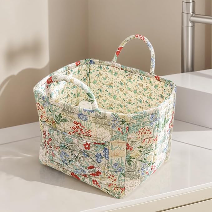 Quilted Fabric Storage Basket Boho Floral Laundry Hamper with Handle Foldable Floral Basket Organizer for Car Bedroom
