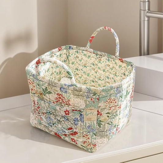 Quilted Fabric Storage Basket Boho Floral Laundry Hamper with Handle Foldable Floral Basket Organizer for Car Bedroom