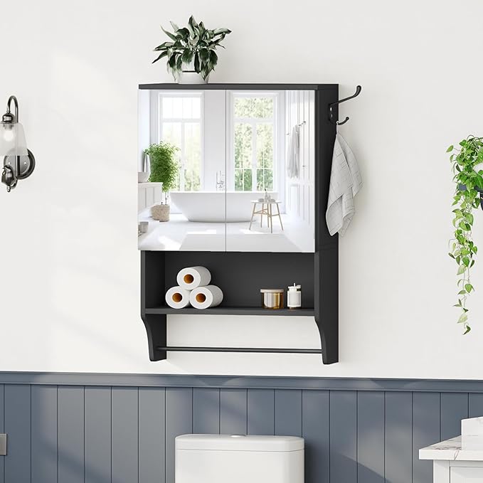 MAHANCRIS Bathroom Wall Cabinet with Mirror, Medicine Cabinet with 2 Door and Adjustable Shelf, Wall Mounted Over The Toilet Storage Cabinet for Bathroom Laundry Room Kitchen, 18.9"W x 26.2"H, Black