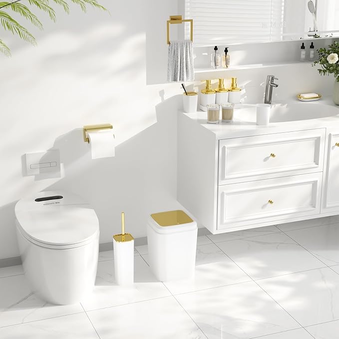 Bathroom Accessories Set - 27PC Bathroom Sets with Shower Curtain and Rugs, White Bathroom Set, White Bathroom Accessory Set with Trash Can, Toilet Brush & 3 PC Soap Dispensers