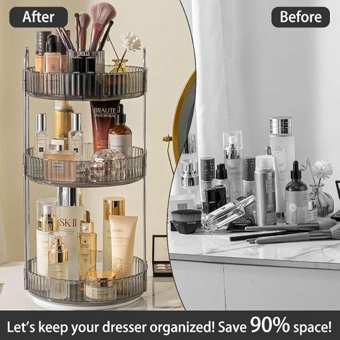 shuang qing Rotating Makeup Organizer for Vanity, High-Capacity Skincare Clear Make Up Storage Perfume Organizers Cosmetic Dresser Organizer Countertop 360 Spinning (Gray, New-3 Tier)