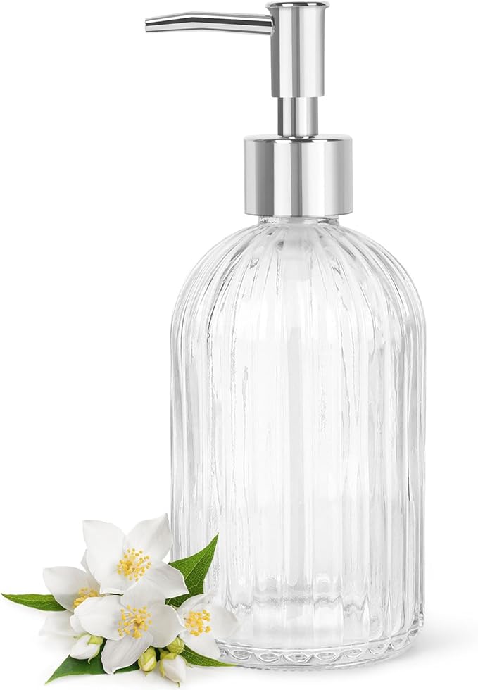 Topsky Stripe Glass Soap Dispenser with Plastic Pump, 400ml Liquid Hand Soap Dispenser, Rustproof Pump for Kitchen & Bathroom, Great for Lotions, Essential Oil, Liquid Soaps,Transparent