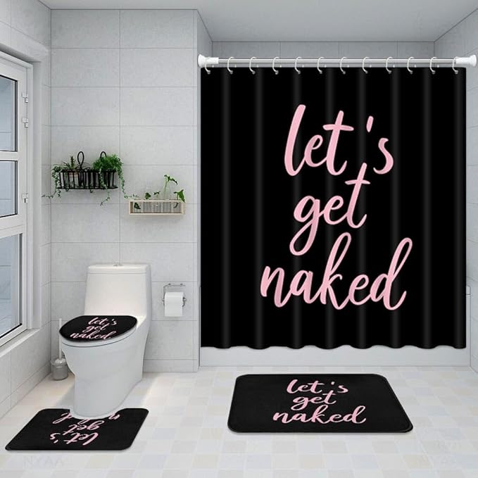 ArtSocket 4PC Pink Let's Get Naked Shower Curtain Sets Black Bathroom Decor with Rugs, Non-Slip Rug,Toilet Lid Cover, Bath Mat and 12 Hooks 72x72 inches