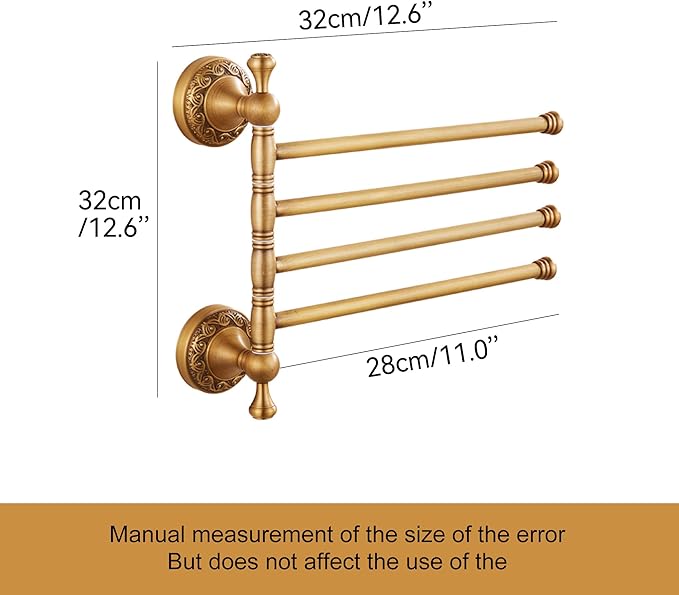 Wall Mounted Bathroom Folding Towel Rack, 4 Towel Bars Antique Brass Pattern Carving,Brushed Bronze