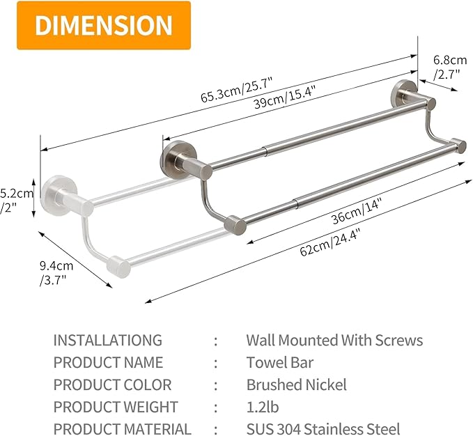 BESy Adjustable 16-26 Inches Double Bath Towel Bar for Bathroom SUS304 Stainless Steel Towel Holder, Hotel Style Wall Mount with Screws Hand Towel Bar Towel Rack Rod Hanger, Brushed Nickel Finish