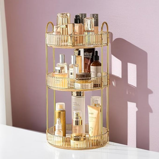 360° Rotating Makeup Organizer for Vanity, Cosmetic Display Case, 3 Tire Large Capacity Cosmetic Storage Shelf, Beauty Organizer for Skincare, Perfume, Sundries, and Makeup Display (Amber)