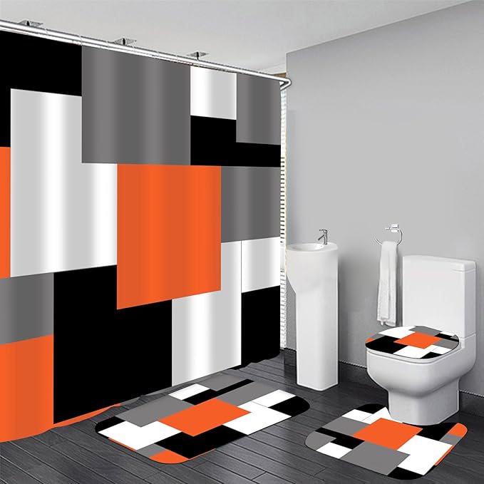 Yizheer 4Pcs Geometric Orange Modern Bathroom Shower Curtain Set with 12 Hooks Bath Mat Toilet Cover U Shaped Mat- PEVA Material, 72x72 Inches, Bathroom Curtain for Bathtub (Orange)