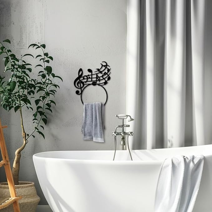 MAYJOYDIY Pentatonic Note Metal Towel Ring Musical Note Towel Holder Musical Artistic Style Towel Ring Black Towel Rack Wall Mounted for Bathroom Kitchen Towel Hanger Home Decors Gift