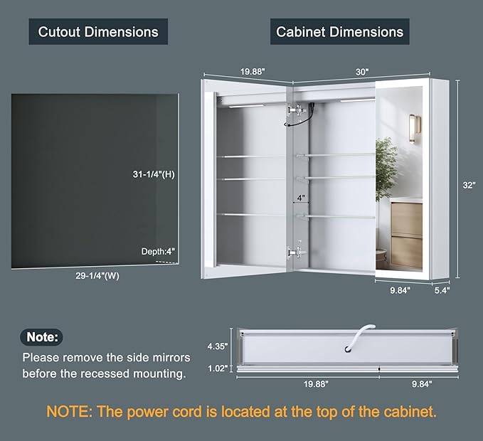 30x32 Inch Lighted Medicine Cabinet, AL Alloy Frame, Plug-in or Hardwired, Recessed or Wall Mount, Mirror Doors/3 Colors/Dimmable/Interior Sensor Light/Anti-Fog, 2 Outlets &USBs, 3 Shelves