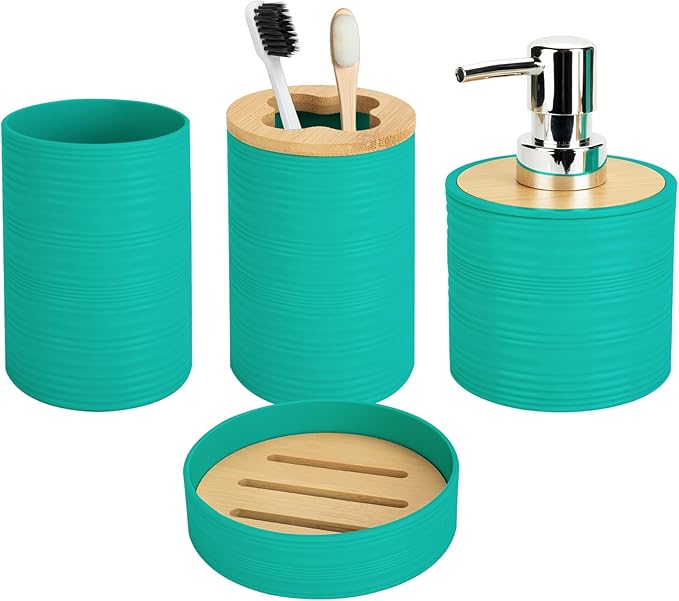 4 PCS Teal Bathroom Accessories Set, Includes a Soap Dispenser, Toothbrush Holder, Soap Dish and Mouthwash Cup, Plastics & Bamboo Bathroom Set, Bohemian Style Bathroom Sink Set