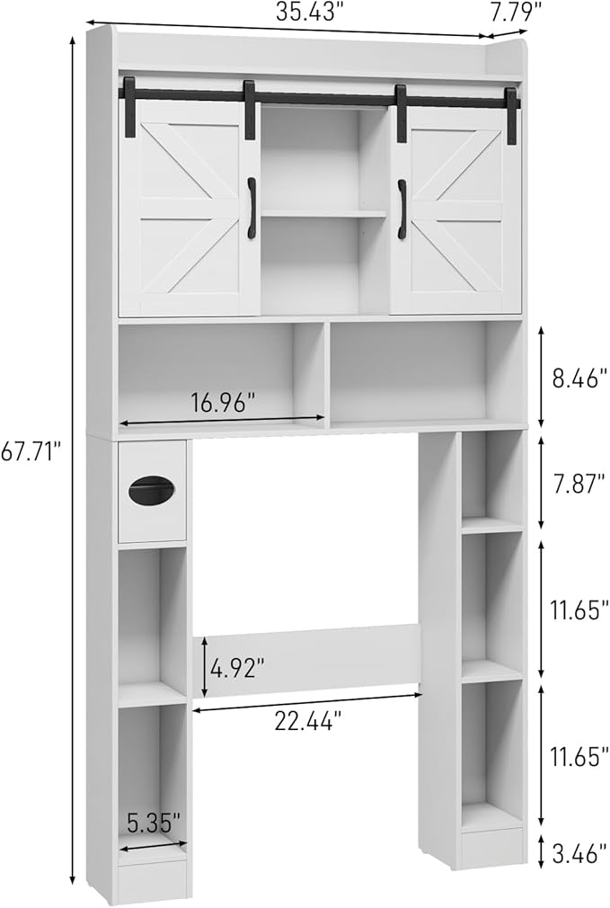 Vabches Farmhouse Storage Cabinet Over Toilet with Sliding Doors, Home Space-Saving Toilet Rack, Over The Toilet Storage Cabinet, Open Storage Shelf, for Bathroom, Laundry, Restroom.White