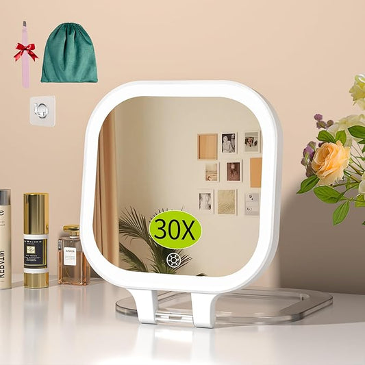 FUNTOUCH 7" Travel Makeup Mirror 30X Magnification,Rechargeable Double Sided Lighted Portable Vanity Mirror with Lights, 3 Color Lights & Adjustable Brightness, 300°Rotation, Gift for Women,White