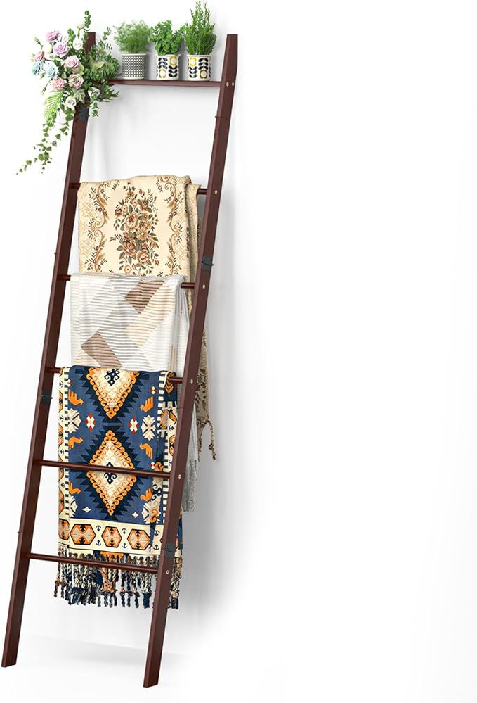 BAMBANG 6-Tier Blanket Ladder for Living Room, Blanket Quilt Ladder Rack Rustic Decorative Towel Holder, Wall Leaning Blanket Ladder Shelf Storage Farmhouse Decor for Bedroom Bathroom, Brown