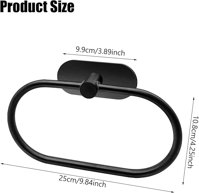 Self Adhesive Towel Ring, Matte Black Adhesive Hand Towel Holder Stainless Steel Oval Hand Towel Ring No Drilling Modern Hand Towel Hanger for Bathroom Kitchen Accessories