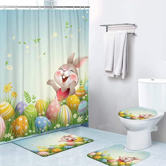 LOKMU 4 Pcs Shower Curtain Sets with Non-Slip Rugs, Toilet Lid Cover and Bath Mat,Cartoon Happy Easter Bunny Egg Waterproof Shower Curtain with 12 Hooks, Bathroom Decor Sets, 72" x 72"