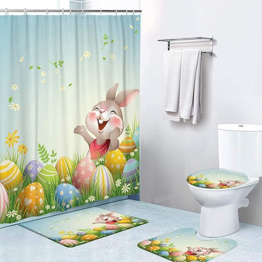 LOKMU 4 Pcs Shower Curtain Sets with Non-Slip Rugs, Toilet Lid Cover and Bath Mat,Cartoon Happy Easter Bunny Egg Waterproof Shower Curtain with 12 Hooks, Bathroom Decor Sets, 72" x 72"