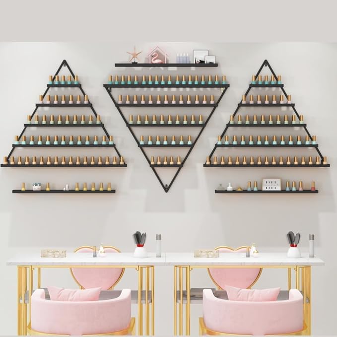 Wall-Mounted Nail Polish Rack, Set of 6 Triangular Blcak Nail Polish Shelf 5-Tier Lipstick Perfume Cosmetic Display Shelf for Home Spa Nail Salon Shop