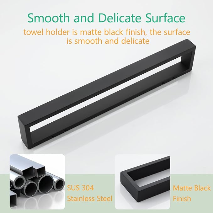 Miyili 15-3/4 Inch Towel Bar Matte Black SUS 304 Stainless Steel Hand Towel Holder for Bathroom Kitchen Wall Mounted, D03B40
