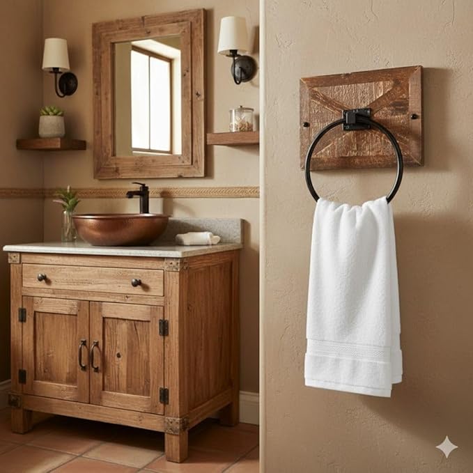 Autumn Alley Farmhouse Hand Towel Ring for Bathroom - Barn Wood Bath Towel Rings Holder - Towel Rings for Bathroom Wall Mounted Decor Mix of Wood, Galvanized Metal & Black Rings