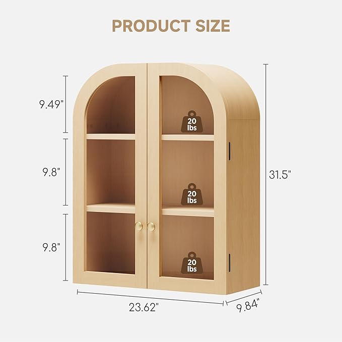 Fatmok Arched Bathroom Wall Cabinet Set of 2, Over-The-Toilet Storage Cabinet with Glass Doors & Adjustable Shelf, Wood Floating Medicine Cabinet for Bathroom, Laundry, Kitchen(Natural Wood)