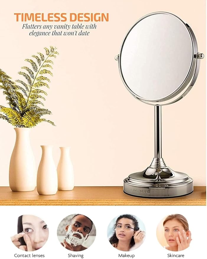 OVENTE 7'' Tabletop Makeup Mirror with 1X/7X Magnification, 360° Swivel Design and Double-Sided Free-Standing Vanity Mirror Perfect for Dresser, Bedroom and Office Desk, Polished Chrome MNLCT70CH1X7X