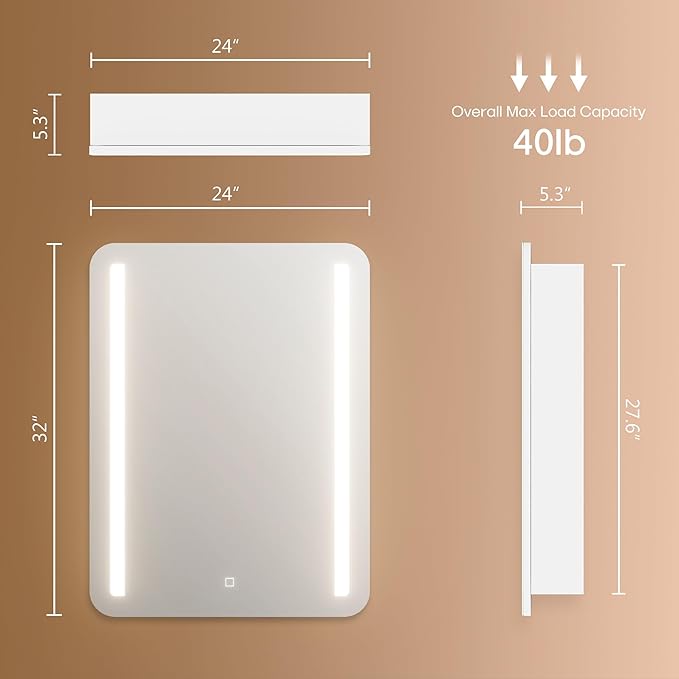 32x24 inch LED Lighted Bathroom Medicine Mirror Cabinet with Sockets & USBs, Anti-Fog Dimmable Light and Color Adjustment, Adjustable Shelves, Flat-Pack Design – Assembly Required
