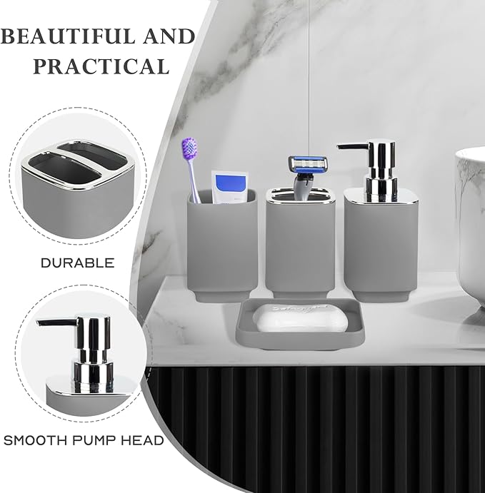 4 Piece Bathroom Accessories Set, Boho Bathroom Decor, Bathroom Sets Complete, Soap Dispenser, Toothbrush Holder, Mousewash Cup and Soap Dish, Bathroom Sink Set for Modern Home Decor