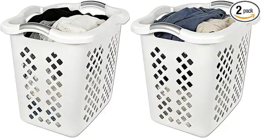 2-Pack Ultra Easy Carry Plastic Laundry Hamper, 2 Bushel Lamper Plastic Laundry Basket with Silver Handles,Dirty Clothes Laundry Hamper Bin for Home, Apartment (White)