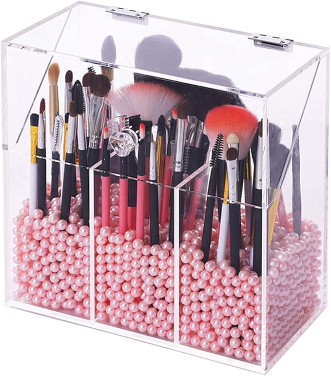 Newslly Clear Acrylic Makeup Organizer with 3 Brush Holder Compartment and Dustproof Lid, Cosmetic Brush Storage Box with White Pearls, for Bathroom Bedroom Vanity Countertop.