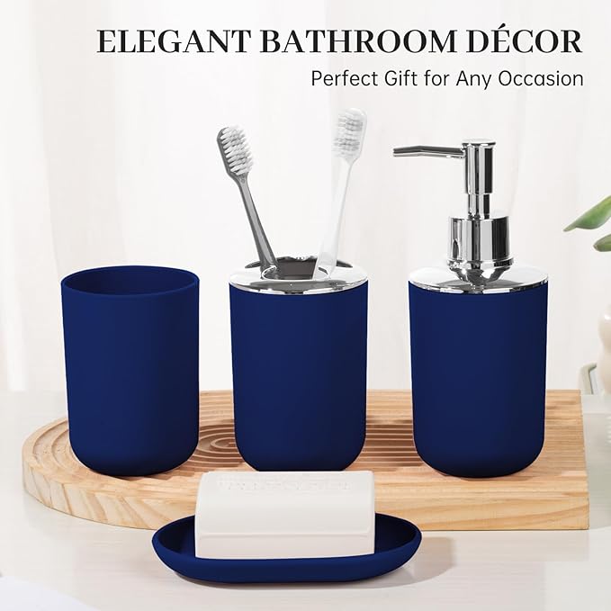 Bathroom Accessory Set, 4 Pcs Plastic Bathroom Set Include Soap Dispenser, Soap Dish, Toothbrush Holder, Mousewash Cup, Modern Bahtroom D??cor Set, Space Save for Bathroom (Blue)