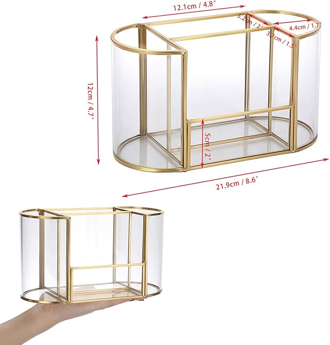 Hipiwe Gold Makeup Brush Holder 4 Slots Glass Cosmetics Brush Organizer Remote Control Holder Pen Holder Vintage Vanity Storage Holder for Brushes Comb Eyeliner fit Dresser Bathroom Office