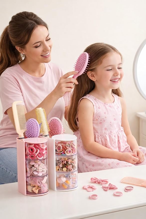 Hair Accessories Organizer with Hair Brush Holder, 3 Drawer Rotatable Hair Tie Organizer for Makeup Brushes, Hair Clips, Earrings, Necklaces, Bracelets and Hair Accessories, Pink, 3-Layer