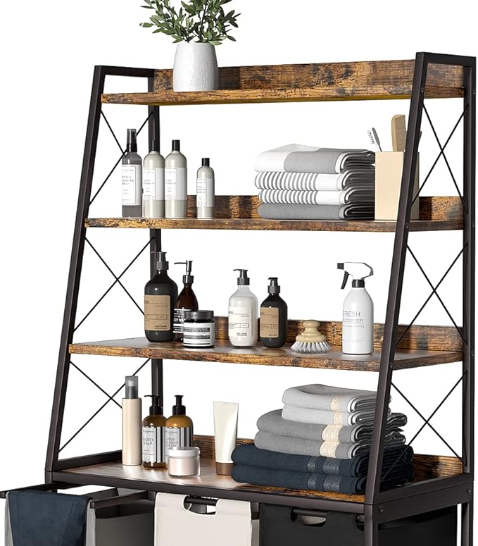 Herture Laundry Basket, 3 Section Laundry Hamper with 4 Tiers Shelf, Pull-Out and Removable Laundry Bags, Large 3 x 15.87 Gallons, for Laundry Room Bathroom Rustic Brown PF05XLN