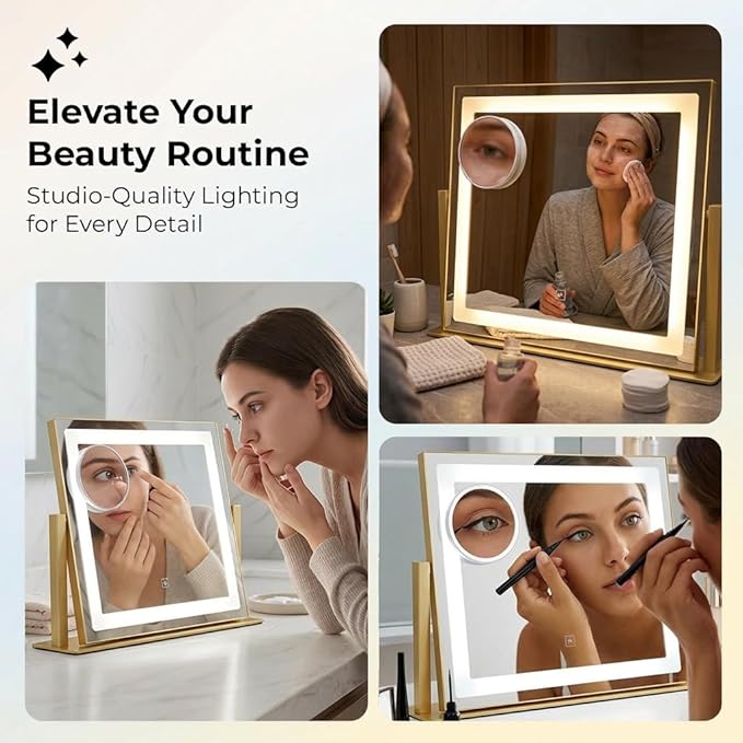 Vanity Mirror with Lights, 12" x 16" Lighted Makeup Mirror with Smart Touch Control, LED Makeup Mirror with 3 Color Lighting Modes, 360° Rotation, 10X Magnification for Tabletop - Gold