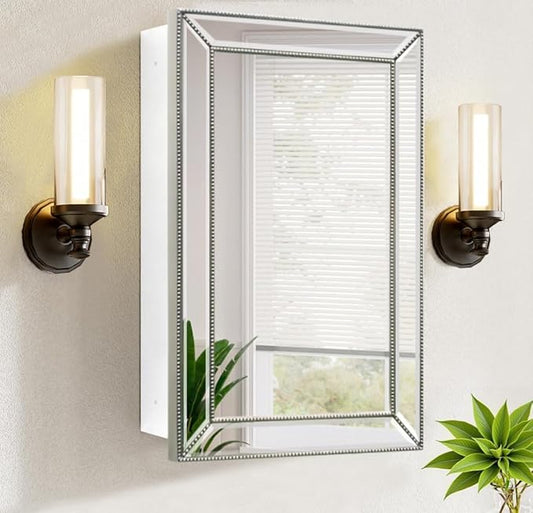 24"x36" Retro Beaded Medicine Cabinet with Beveled Mirror - Wooden Frame, Recessed & Surface Mount Bathroom Storage Cabinet