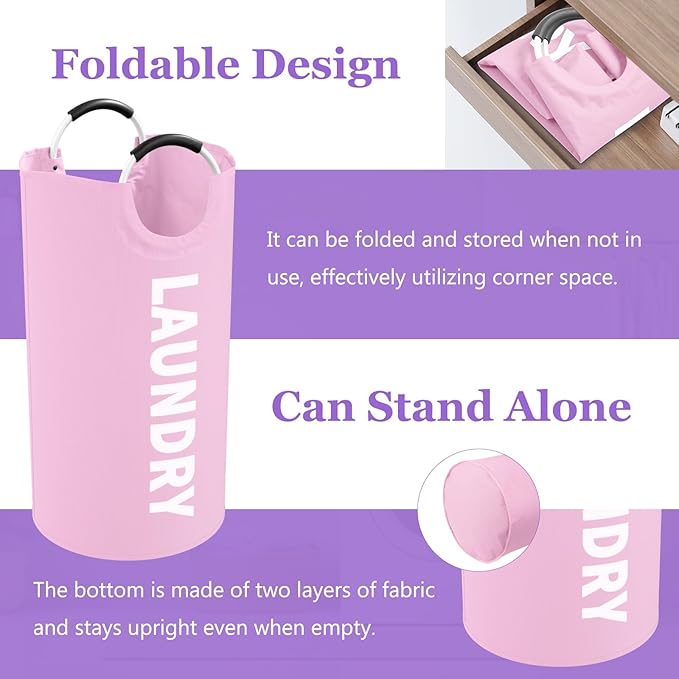 2Pcs Folding Laundry Basket for Adult, 95L Portable Laundry Baskets with Aluminum Handles, Multi-functional Dirty Clothes Hampers for Bedroom, Travel, Navy Blue + Pink