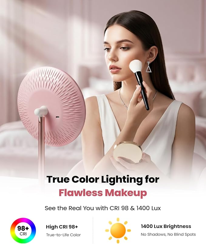 SJZX Cute Pink Lighted Makeup Mirror, Rechargeable Vanity Mirror with 70 LEDs & 1400 Lux, 3 Color Lighting, Dimmable Touch Screen, Portable Detachable Stand for Desk & Tabletop, Women Gift
