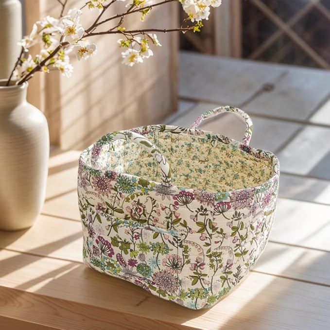 Quilted Fabric Storage Basket Boho Floral Laundry Hamper with Handle Foldable Floral Basket Organizer for Car Bedroom
