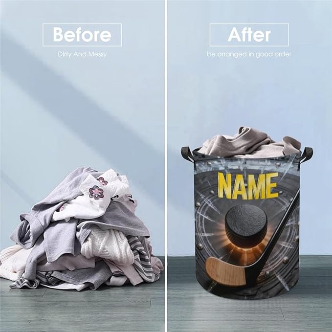 Personalized Ice Hockey Laundry Hamper Custom Name Funny Dirty Clothes Laundry Basket Portable Storage Basket For Home Bathroom Family Hockey Lovers Xmas Birthday (style 19)