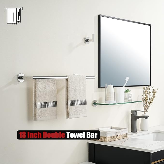 JQK Double Towel Bar Chrome, 20.5 Inch 304 Stainless Steel Thicken 0.8mm Towel Rack Bathroom, Towel Holder Polished Steel Wall Mount, Useable Length 18 Inch 2 Pack, TB100L18-CH-P2