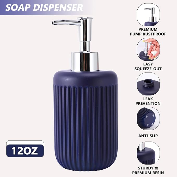 XLHOMO Resin Navy Blue Bathroom Accessories Set 5 Pcs, Lotion Soap Dispenser, Toothbrush Holder, Bathroom Tumbler, Qtip Holder and Vanity Tray, Bathroom Countertop Organizer Set for Modern Apartment