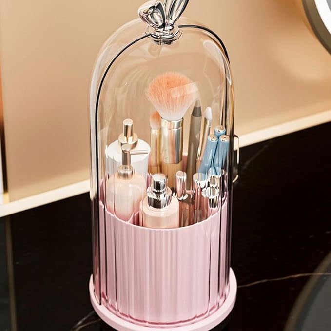 Makeup Brush Holder Organizer with 360?? Rotating Lid,Concealed Toothbrush Holder,3 Slots Bathroom Organizer Countertop for Vanity Desktop, Clear Cover Easy Visibility