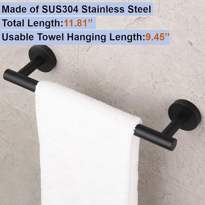 12 Inch Towel Bar for Bathroom 9/12/16/24/28/33 Inch Kitchen Hand Towel Holder Matted Black SUS304 Stainless Steel RUSTPROOF Wall Mount Towel Rod(1, Matted Black, 12 Inch)