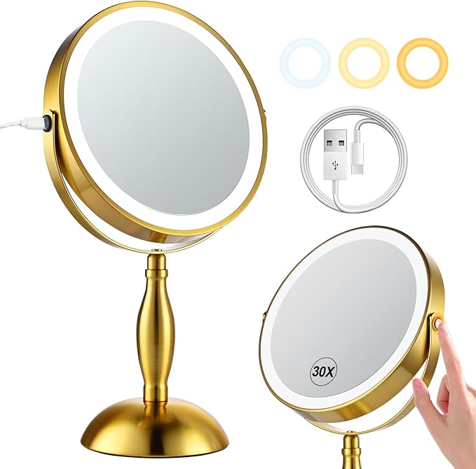 Makeup Mirror with Lights, 30X Golden Magnifying Mirror, 5000mAh Rechargeble Double Sided Mirror - Side Charge & Side Touch, Brightness Adjustable with 3 Colors, 360°Swivel Vanity Mirror