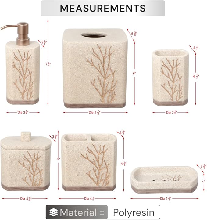 Decozen Bathroom Accessories 6Pcs Set, Soap Dispenser, Toothbrush Holders, Tumbler, Soap Dish & Cotton Swab Jar – Modern Bathroom Decor, Modern Farmhouse Decor, Countertop Accessories, Beige Brown