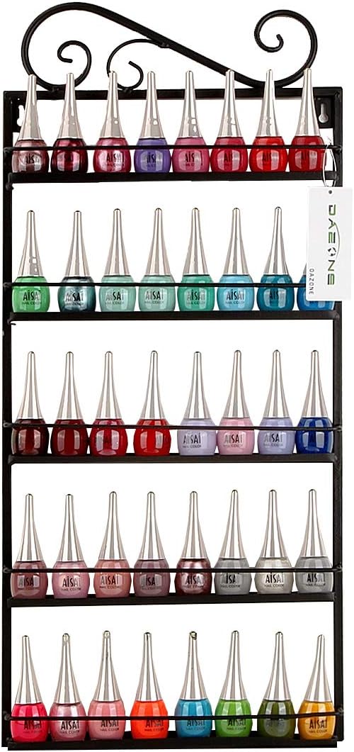 DAZONE DIY Metal Nail Polish Mountable 5 Tier Organizer Nail Polish Wall Rack Organizer Holds 50 Bottles Nail Polish (Black)