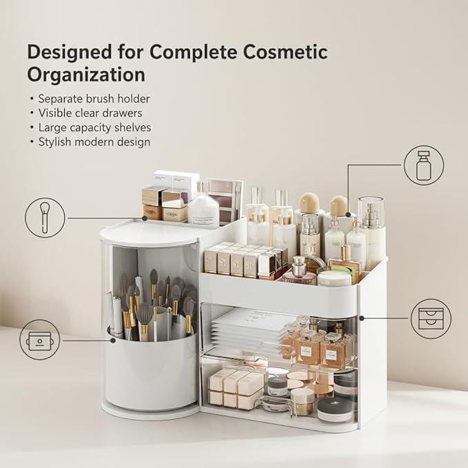 Makeup Organizer with Rotating ,Large Bathroom Countertop Cosmetic Organizer with Brushes Holder,Skincare Storage Organizer,Ideal makeup holder for Skincare,Lipstick and other items (Simple white)